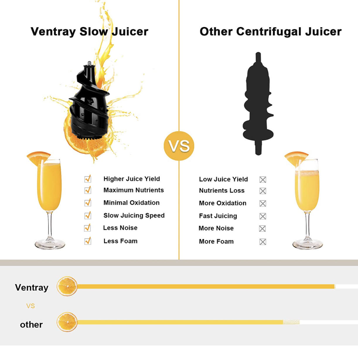 Ventray Masticating Juicer - Slow Cold Press Juice Maker - Black