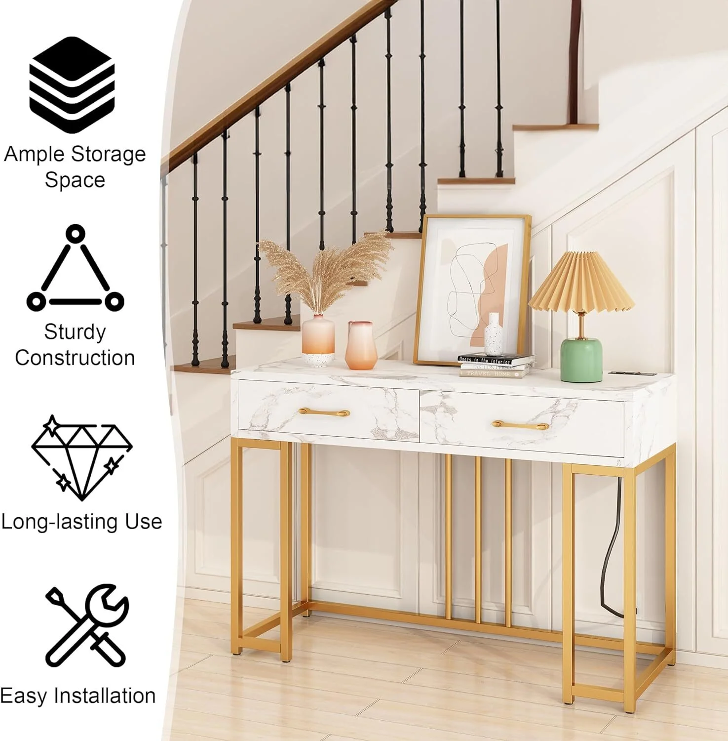 Console Table for Entryway, Sofa Table Narrow Long, 1-Tier Entryway Hallway Table with 2 Drawer for Entryway, Living Room, Couch (Marble White)