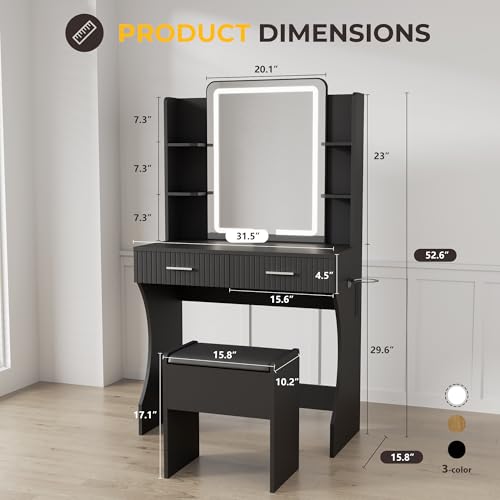 Vanity Desk with LED Lighted Mirror, Makeup Vanity with 3 Adjustable Lights, 2 Large Drawers and 4 Open Shelves, White Vanity with Storage Stool for Bedroom