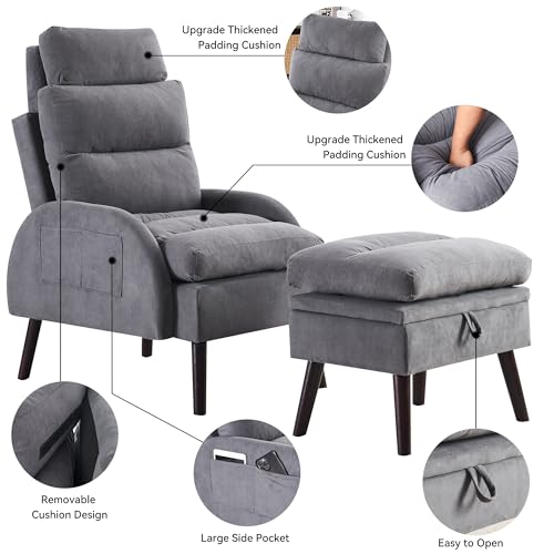 Accent Chair with Ottoman, Comfy Reading Chair with Ottoman and Adjustable Backrest, Oversized Morden Velvet Lounge Armchair and Ottoman Set with Side Pocket for Living Room Bedroom, Beige