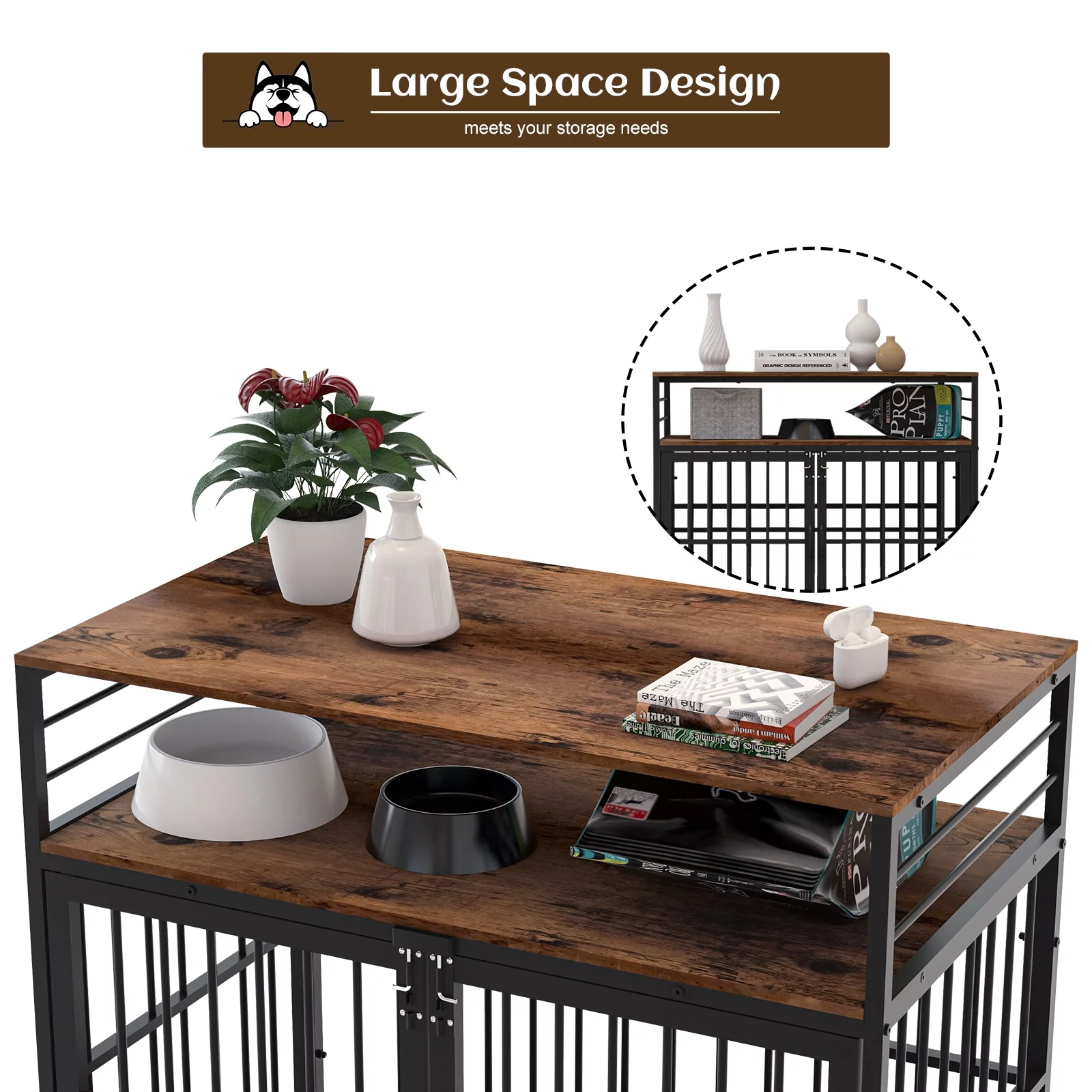 NBTiger Dog Crate Furniture with Storage Shelf, Wooden Puppy Kennel for Small Medium Large Dogs, 40" Decorative Pet Cage House End Table Indoor, Brown