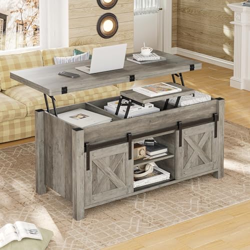 SEDETA Lift Top Coffee Table, 4 in 1 Multi-Function Convertible Coffee Tables with Storage and Hidden Compartment, Farmhouse Coffee Table Converts to Dining Table for Living Room, Grey