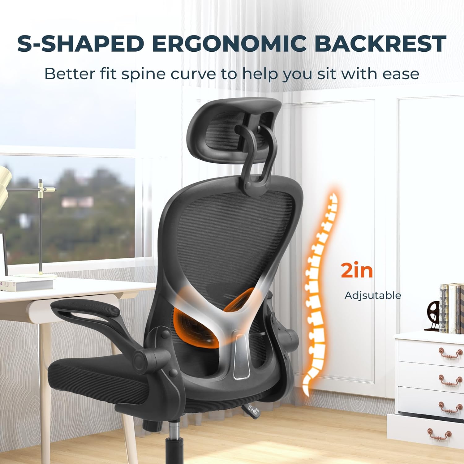 Ergonomic Office Chair, High Back Office Desk Chair with S-Shaped Backrest, Adjustable Lumbar Support, Headrest, Flip-up Armrest, Mesh Computer Chair for Home Office（Black）