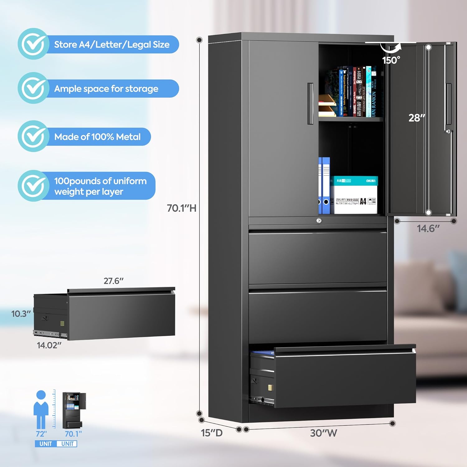 70.1" H Metal File Cabinets,File Cabinet with Lock and Adjust Shelves,3 Drawers Office Storage Cabinet with Lock for Letter/Legal/F4/A4 Size Files,Black,Assembly Required.