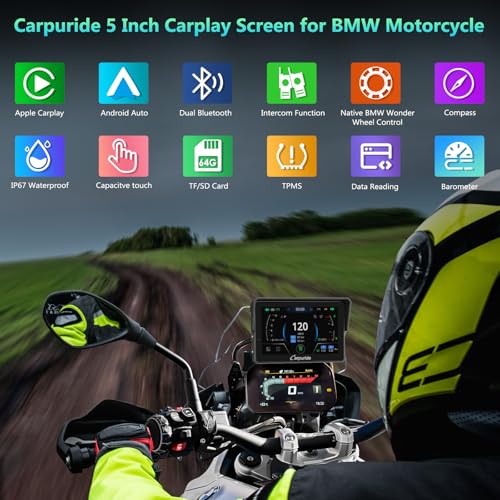 2025 CARPURIDE W702BS PRO for BMW Motorcycle CarPlay & Android Auto Dual Bluetooth, 7" Waterproof GPS Navigation Screen, Data Reading, Native Wonder, TPMS, Light Sensor, Music Sharing, Intercom,16-Pin
