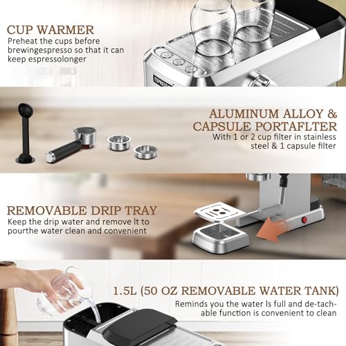 Espresso Machine, 20 Bar Espresso Maker with Milk Frother Steam Wand for Latte and Cappuccino, Compact Stainless Steel Espresso Coffee Machine with 50oz Removable Water Tank for Home