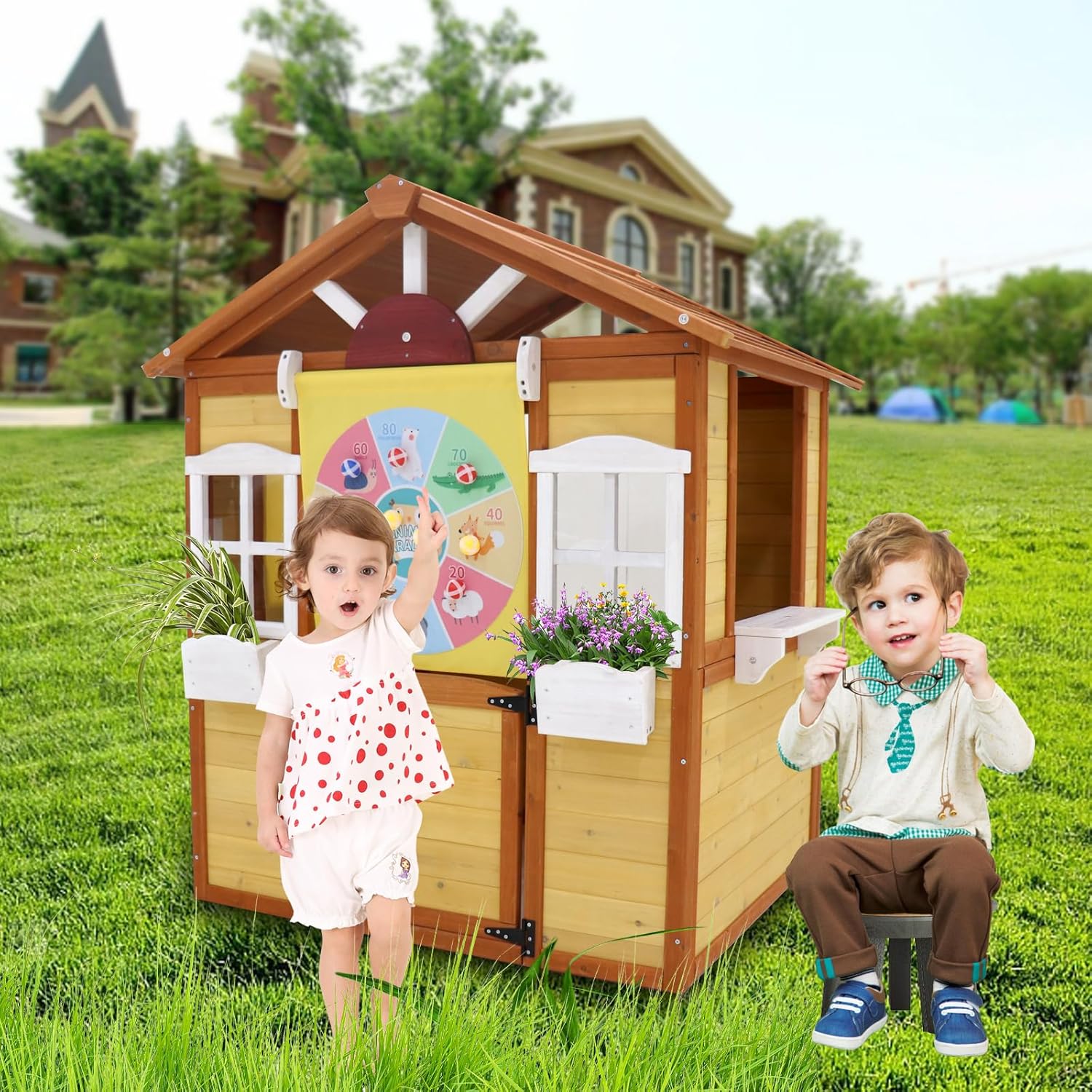 Wooden Playhouse for Kids, Outdoor Children Play House Garden Play House with Working Door and Windows for Children 3-10 Years Old