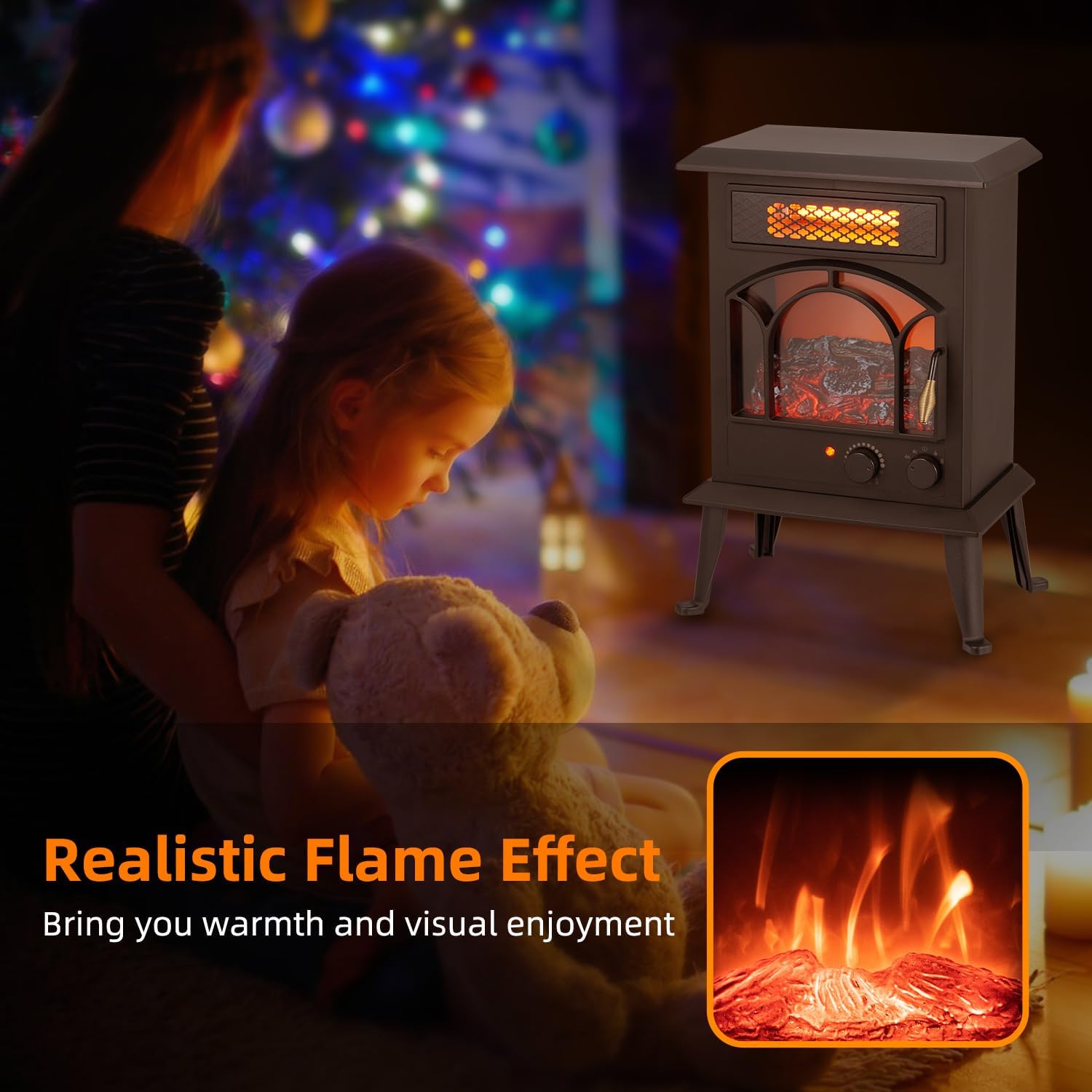 Standing Electric Fireplace Heater – 1500W Portable Infrared Stove with Realistic Flame Effects, 2 Heat Settings, Cool-Touch Exterior, Overheat Safety Shutoff