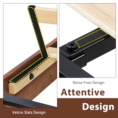 Full Size Solid Wood Bed Frame with Headboard, Platform Bed with Slat Support/No Box Spring Needed/Easy Assembly, Walnut
