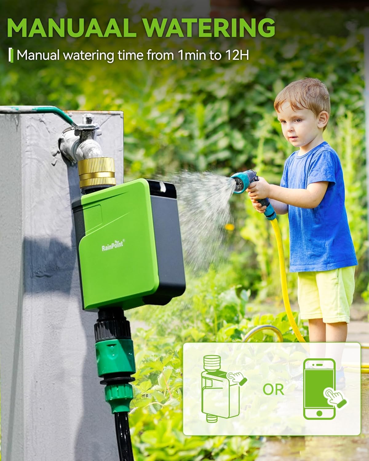 RAINPOINT Smart Water Timer for Garden Hose with Brass Inlet, Bluetooth Sprinkler Timer 2 Outlet