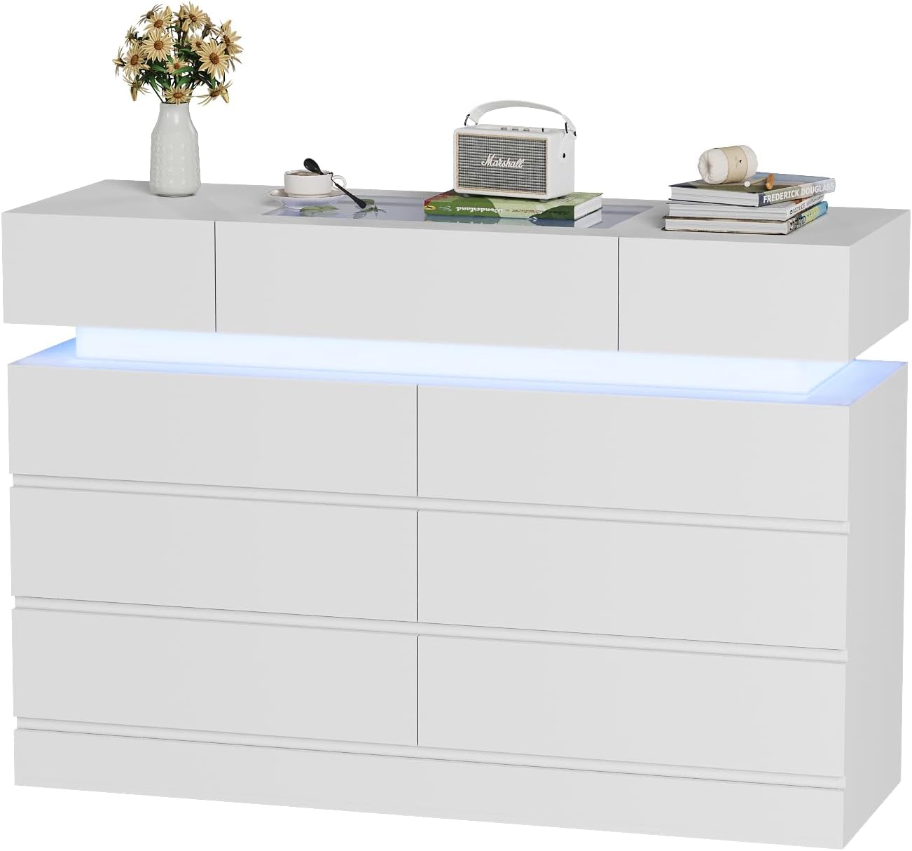 ARTETHYS White Dresser for Bedroom 6 Drawer Dresser Organizer for Closet Clothes Chest of Drawers with LED Lights 47’’ Modern Storage Cabinet with Glass Top for Living Room Entryway Hallway