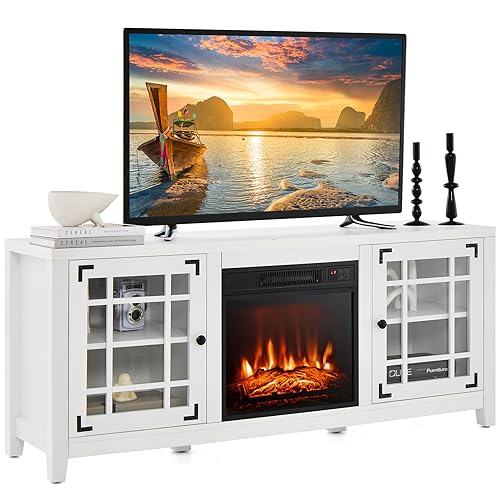 Tangkula Fireplace TV Stand for 65 Inches TVs, 58 Inch TV Console with Electric Fireplace Insert, Adjustable Shelves, Remote Control, 3-Level Flame Brightness, Entertainment Center for Living Room