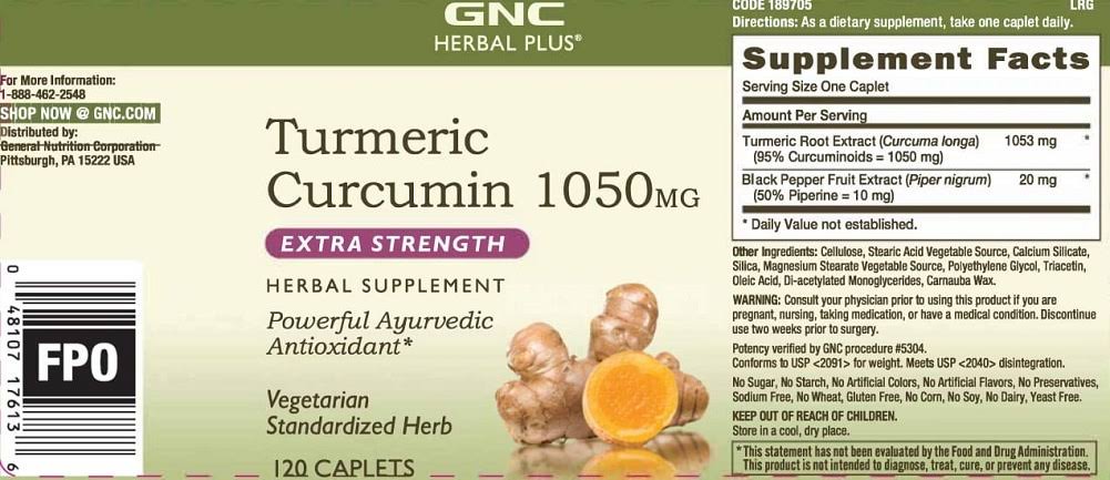 GNC Herbal Plus Turmeric curcumin 1000 mg 120 Caplets Extra Strength
