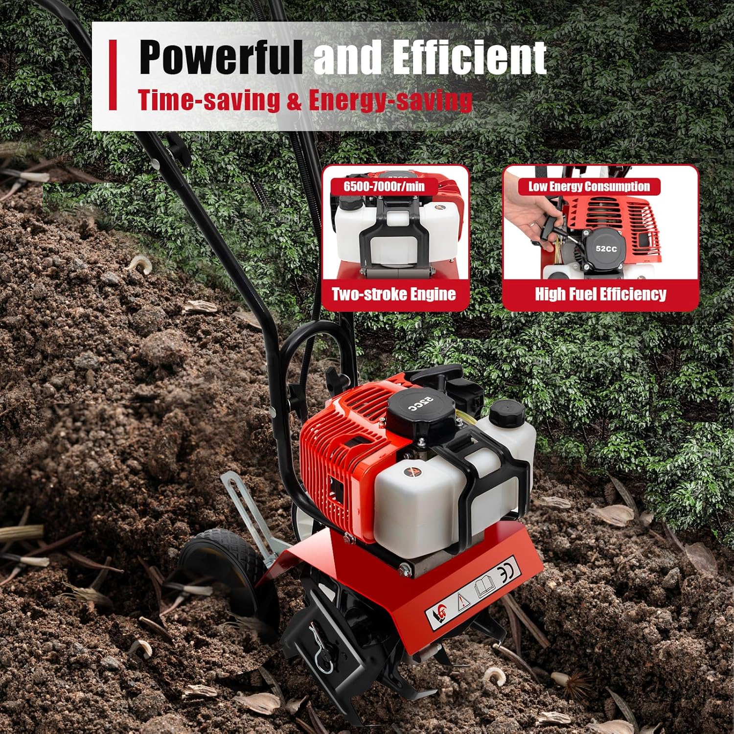 Mini Tiller Cultivator, Powerful 52cc Two-stroke Single-cylinder Gasoline Engine, Gear Drive Transmission, Height Adjustable Wheels, for Gardening