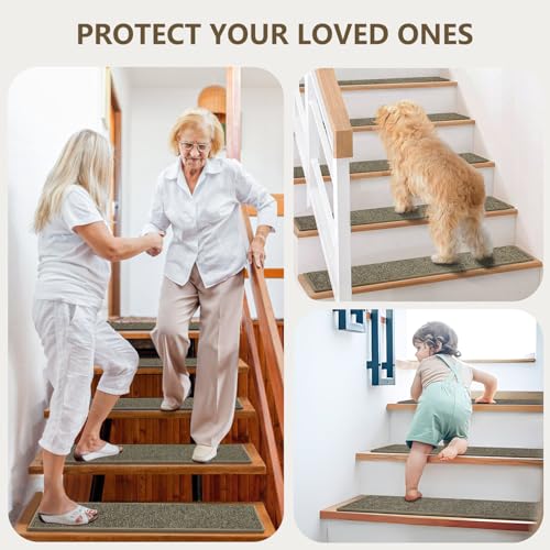 Stair Treads Non Slip for Wooden Steps Indoor, KOOTETA 15 Pack 8" X 30" Carpet Stair Treads with Reusable Adhesive for Kids Elders and Dogs, Surface Polyester TPR Backing Stair Runner Rugs, Dark Grey