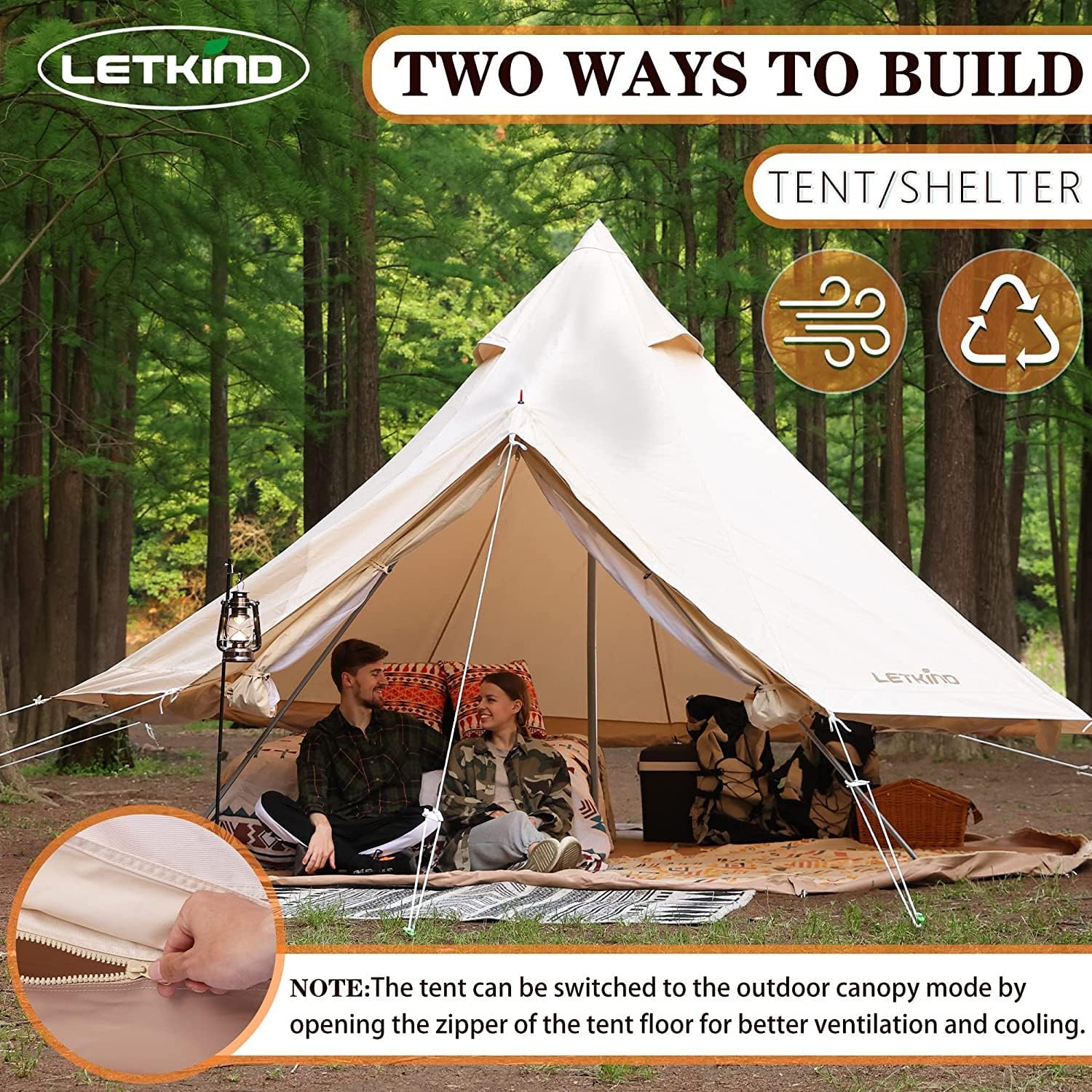 Canvas Bell Tent Yurt with Stove Jack, 4 Season Waterproof Camping Tent 4/6 Person Luxury Outdoor Glamping Tent for Camping, Cotton Tent Bell for Winter Camping, Hunting Party