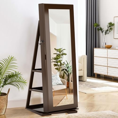 SDHYL Rotating Jewelry Cabinet with Mirror, Full Length Wooden Storage Armoire with Lock