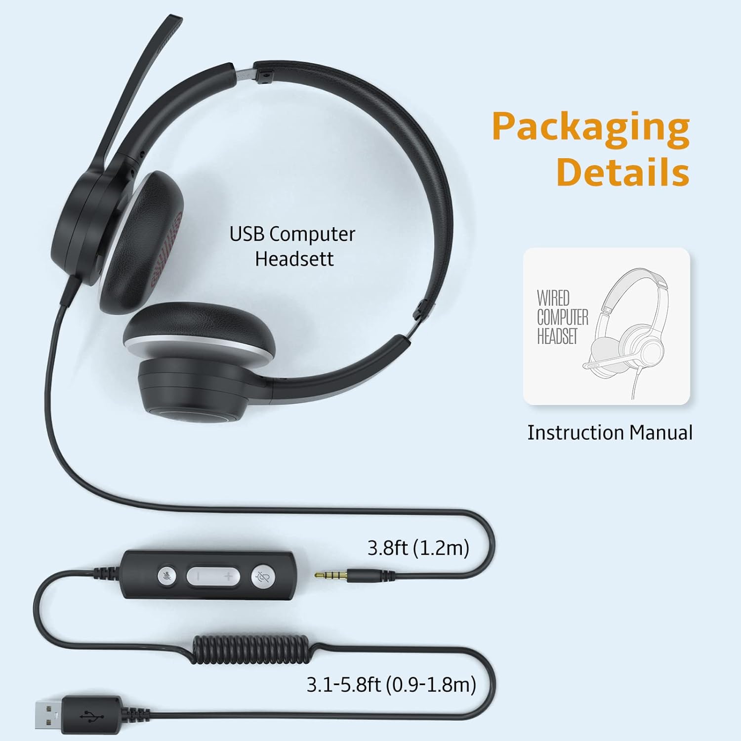 USB Headset with Microphone Noise Cancelling & in-Line Controls, Comfortable Wired Computer Headphones for Phone/PC/Mac/Laptop, Rotatable Microphone, Plug & Play, with 3.5mm Audio Cable - Black