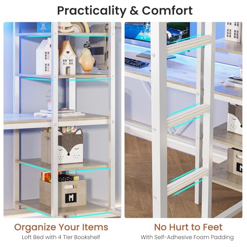 MSmask Loft Bed Twin Size with L Shaped Desk, LED Lights, Charging Station, Heavy Duty Metal Loft Bed Frame with 6 Storage Shelves, Safety Guard & Ladder, No Box Spring Needed, No Noise, Black