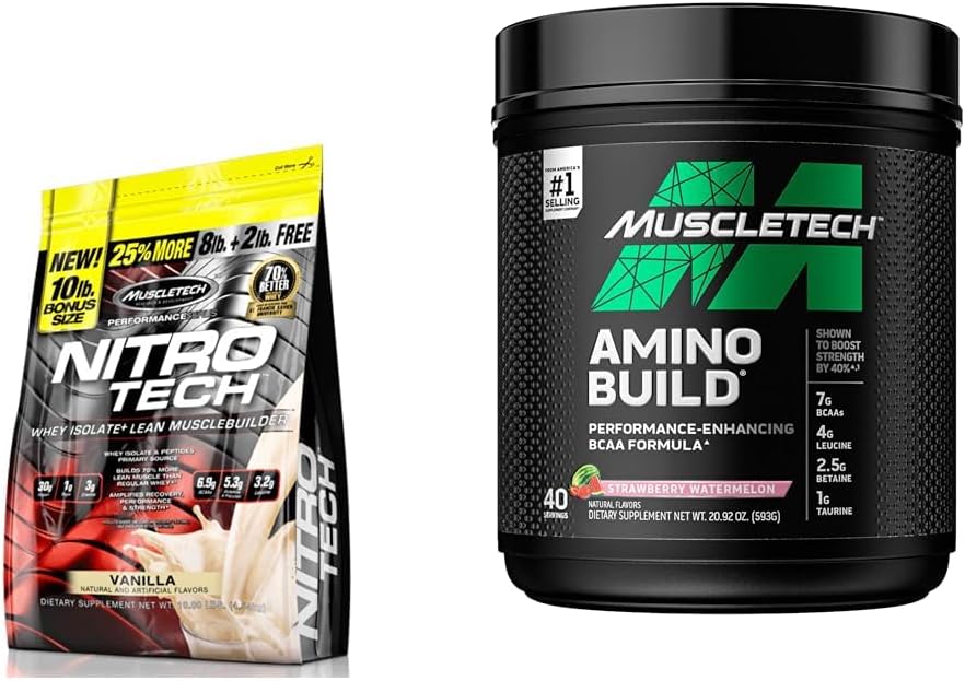 MuscleTech Nitro-Tech Whey Protein Powder Isolate & Peptides | Protein + Creatine for Muscle Gain & BCAA Amino Acids + Electrolyte Powder Amino Build 7g of BCAAs + Electrolytes Support