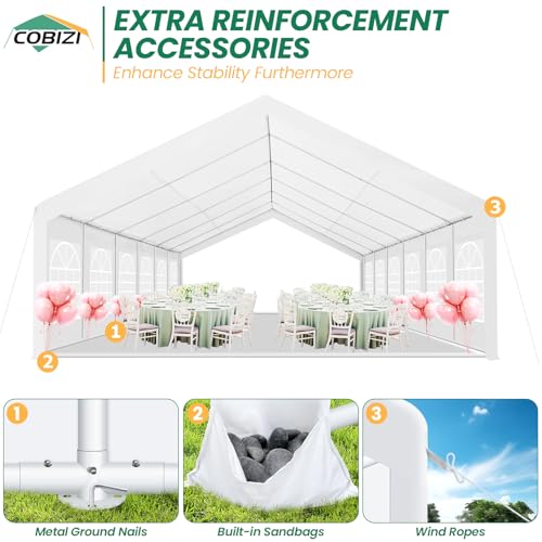 COBIZI 20x40 Party Tent Heavy Duty, Galvanized Wedding Tent, Event Shelter for Parties, Outdoor with Removable Sidewall & Built-in Sandbag, Carpas para Fiestas, Large Canopy, Waterproof, White