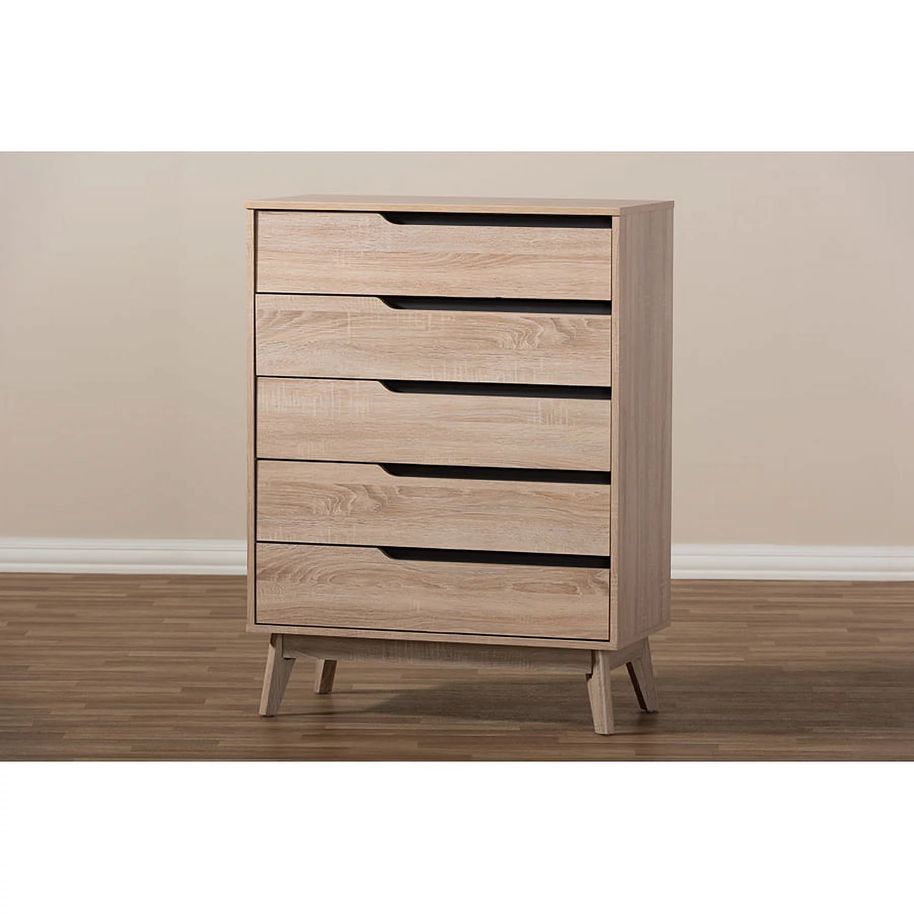 Baxton Studio Fella Mid-Century Modern Two-Tone Oak and Grey Wood 5-Drawer Chest