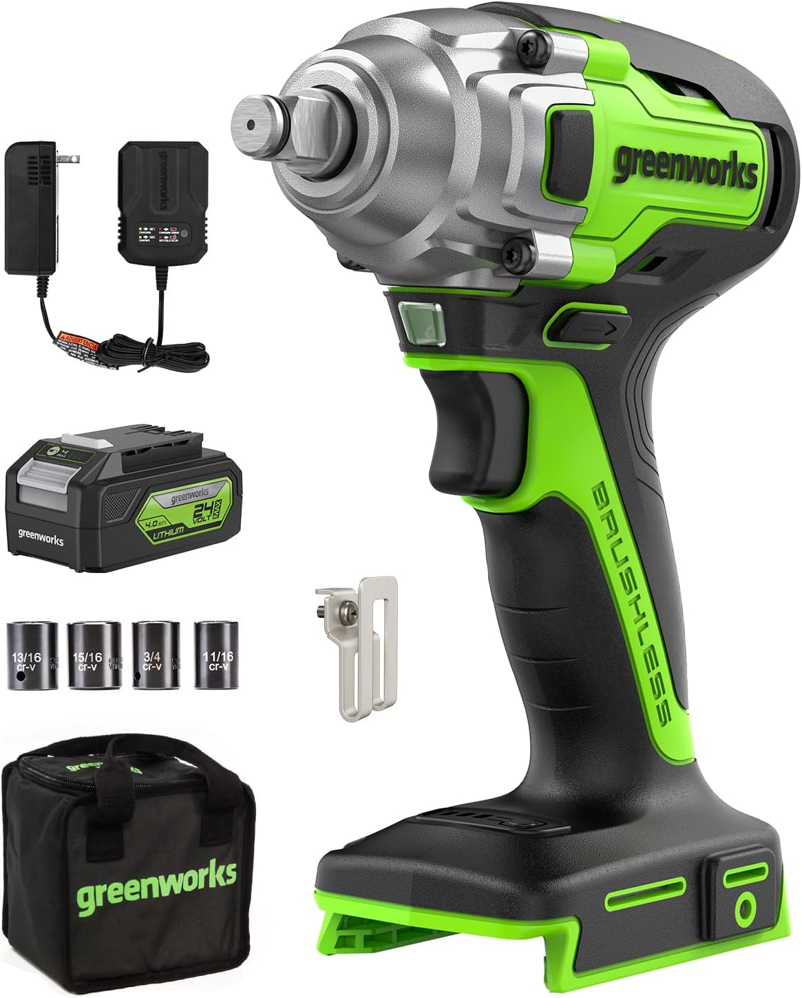 Greenworks 24V Cordless Impact Wrench with 4.0Ah Battery & Charger, 1/2 Inch 300 ft-lbs Brushless Impact Wrench Kit, Variable Speed for Home & Car