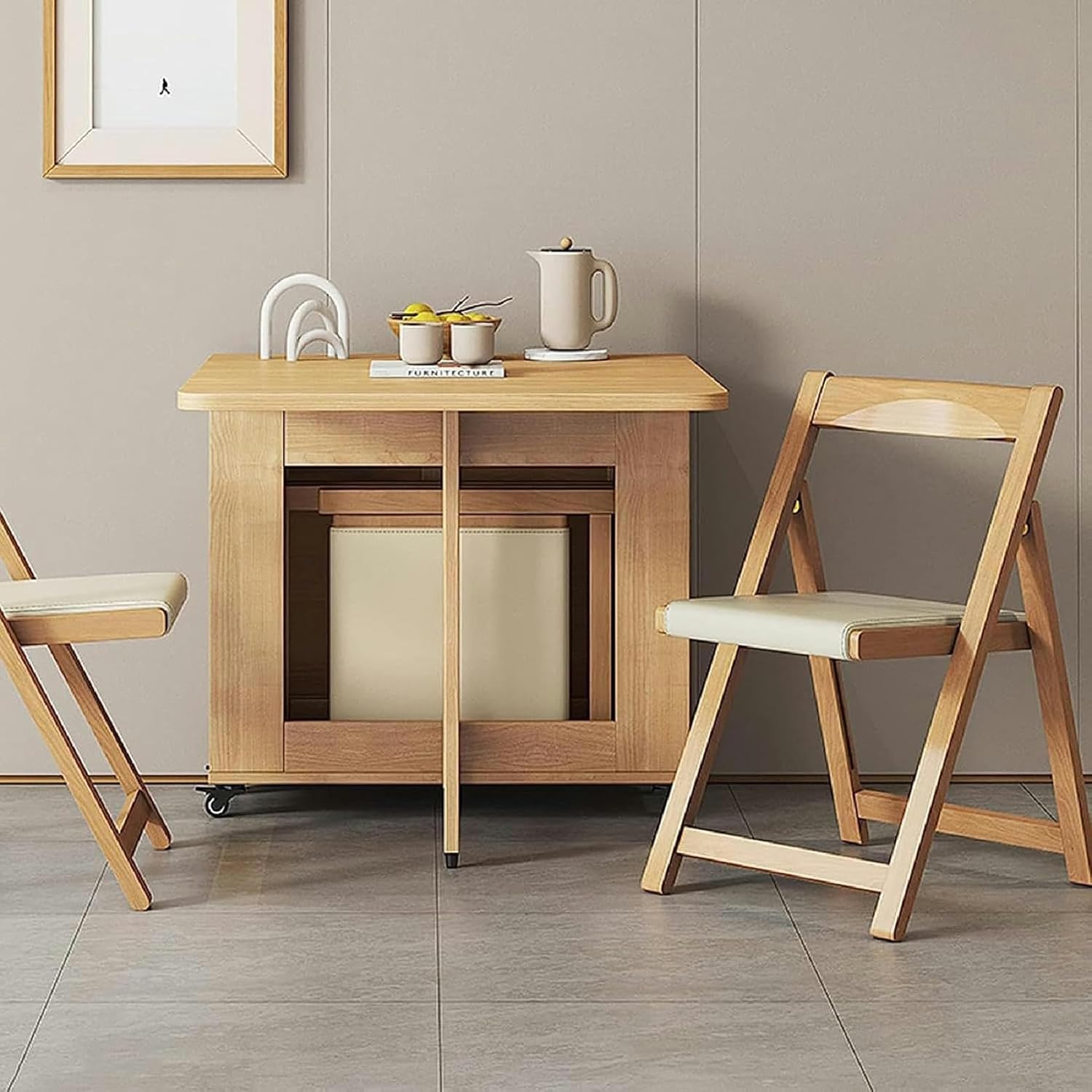 Wooden Extendable Dining Table Set with 4 Chairs, Drop Leaf Tables for Small Spaces On Moveable Wheels and 1 Drawers - Folding Dining Table Set