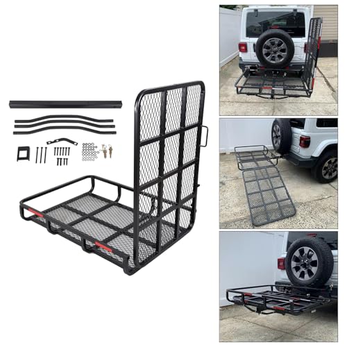 ECOTRIC Hitch Mount Wheelchair Carrier with Mobility Ramp for Wheelchair Scooter Lawn Mower Snow Blower Hauler 500lb Capacity Basket-Style