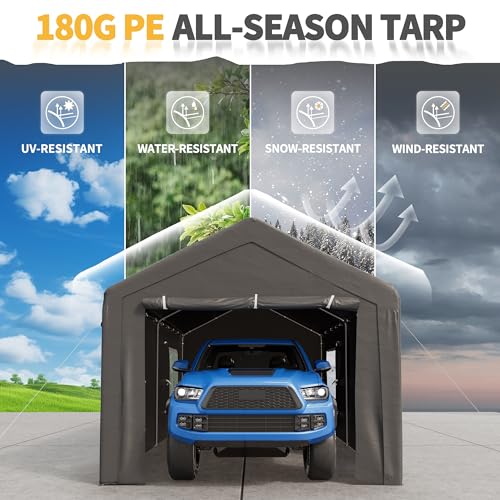 Outdoor Carport 10x20 ft, Car Canopy Portable Garage with Roll-up Ventilated Windows and All-Season Tarp Cover, Heavy Duty Car Port with Removable Sidewalls for Car, SUV, Boats (Grey)