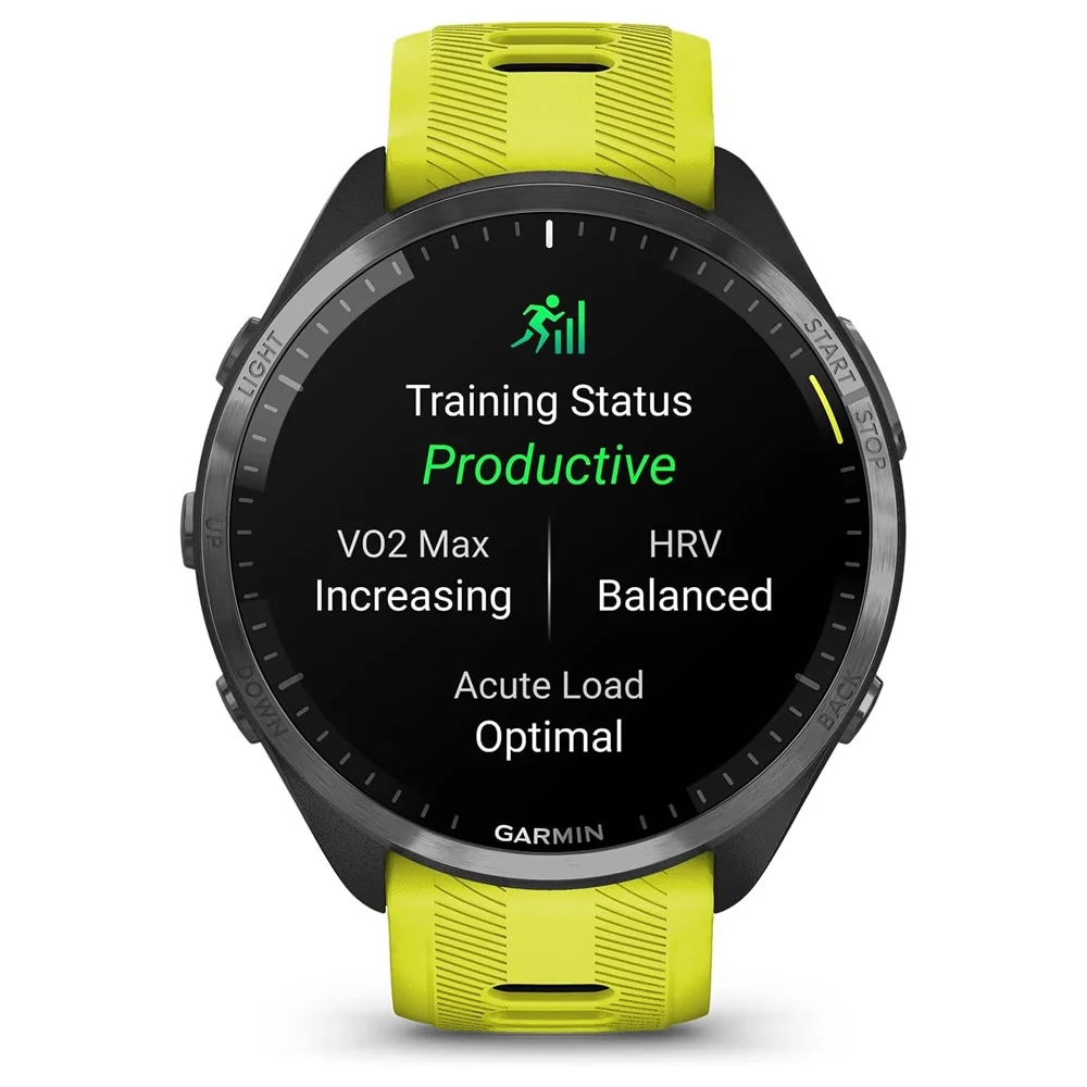 Garmin 010-02809-02 Forerunner 965 Running Smartwatch, Amp Yellow and Black Bundle with Workout Cooling Sport Towel + Deco Essentials Wearable Commuter Front & Rear Safety Light