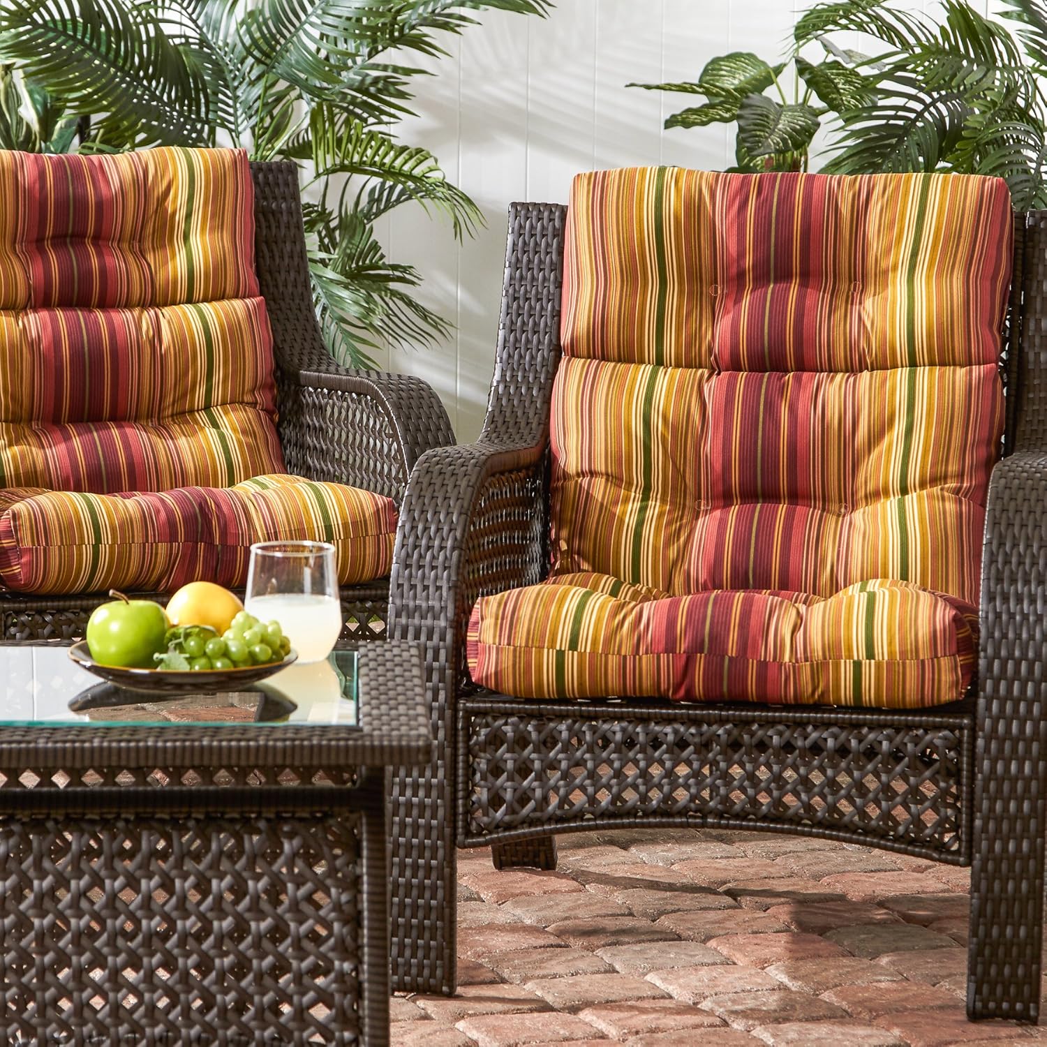 Greendale Home Fashions Outdoor 44 x 22-inch High Back Chair Cushion, Set of 2, Cinnamon Stripe 2 Count