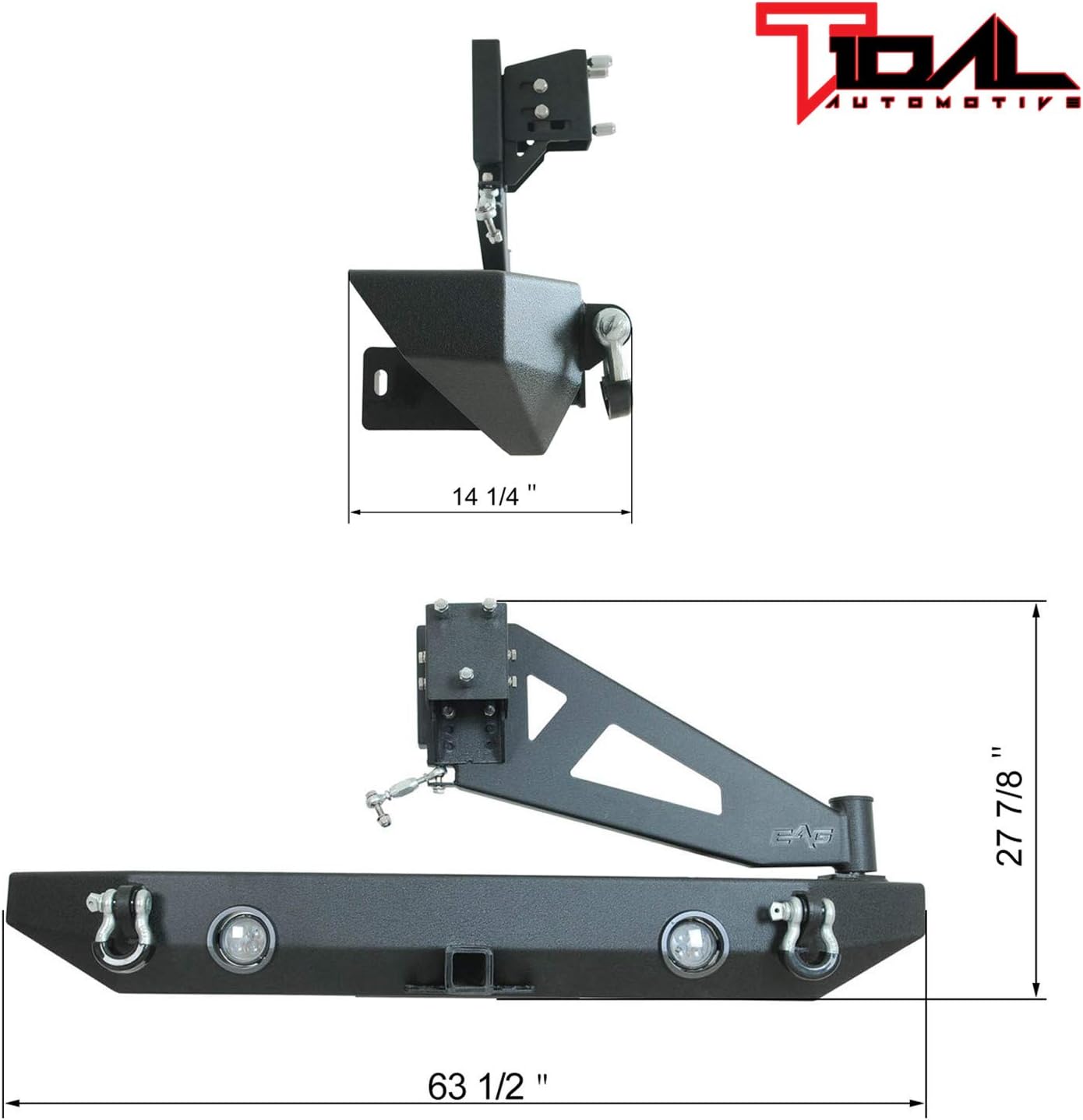 Tidal Rear Bumper & Spare Tire Rack & Hitch Receiver W/2 LED Lights Compatible with 2007-2018 Wrangler JK