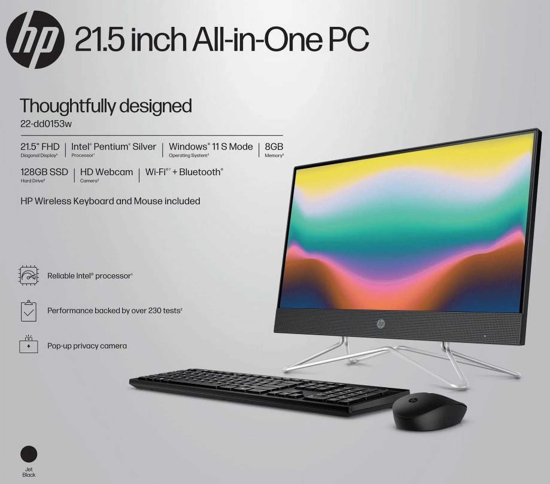 HP 21.5 All-in-One PC, Intel Pentium, 8GB Memory, 128GB SSD, Windows 11 Home S mode, White, 22-dd0143w