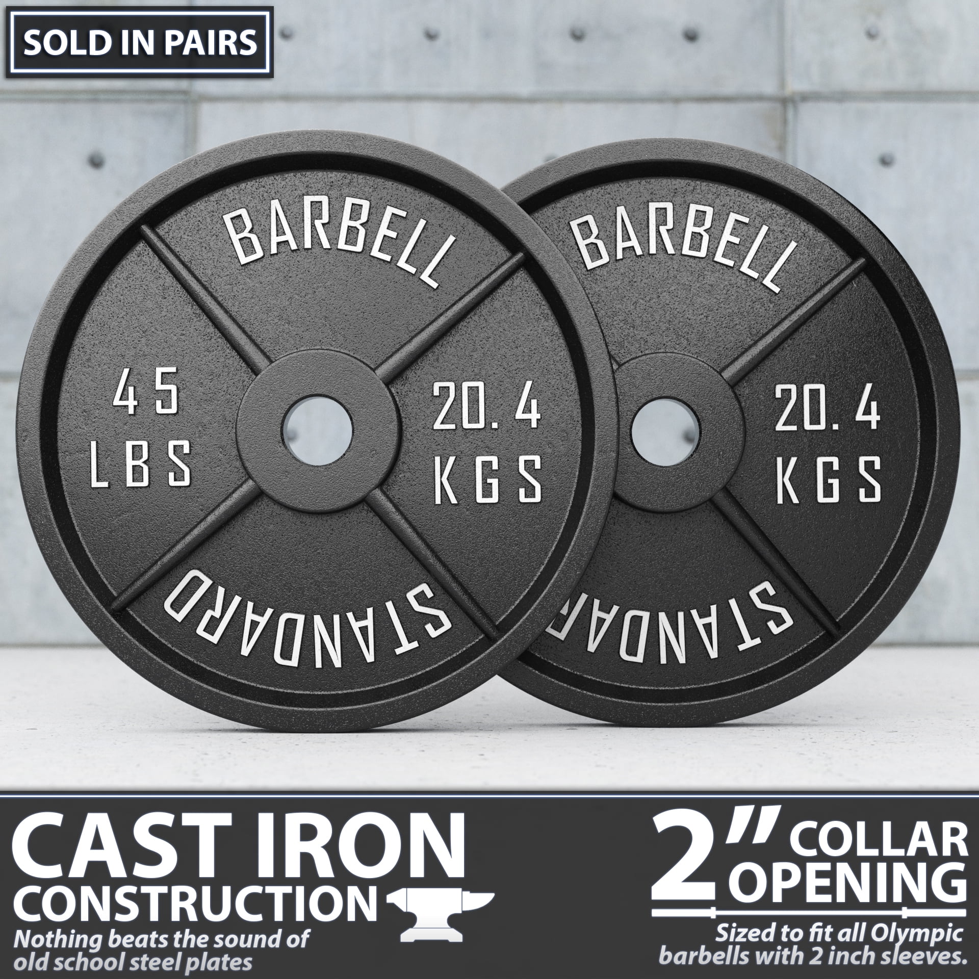 Synergee Standard Metal Weight Plates 45 lb Pair. 2” Opening for Bodybuilding, Olympic & Power lifting workouts. Classic Old School Metal Weighted Plates.