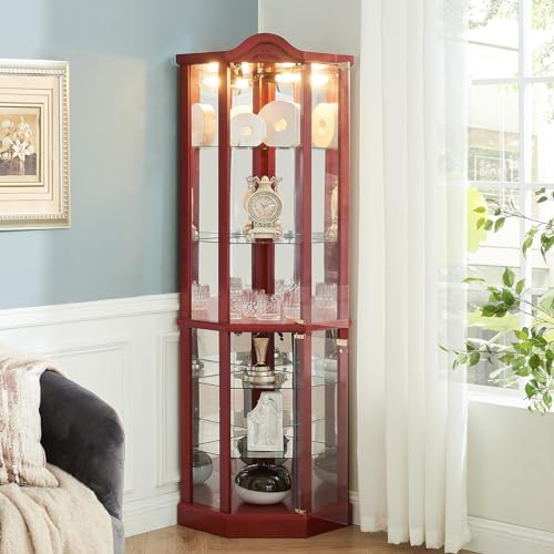 Glass Display Cabinet with Glass Doors, Corner Curio Cabinet with 4 Adjustable Glass Shelves, China Cabinet with Wooden Flower Carving for Living Room, Hallway, Cherry