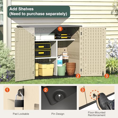 60 Cu.Ft Vertical Outdoor Storage Shed, All-Weather Resin Storage Cabinet Waterproof with Lockable Floor, Tall Backyard Shed for Patio Furniture, Garage, Garden, Pool Accessories, Porch (Khaki)