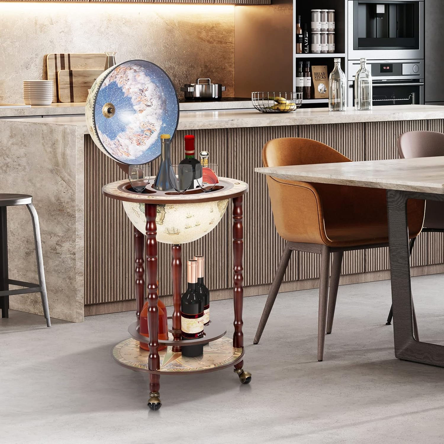 Globe Bar, Wood Globe Wine Bar Stand, 16th Century Italian Rack Liquor Bottle Shelf, Replica Globe Bar Liquor Cabinet w/Wheels, Globe Bar Cart for Wine Spirits Beverage Stemware(Creamy White)
