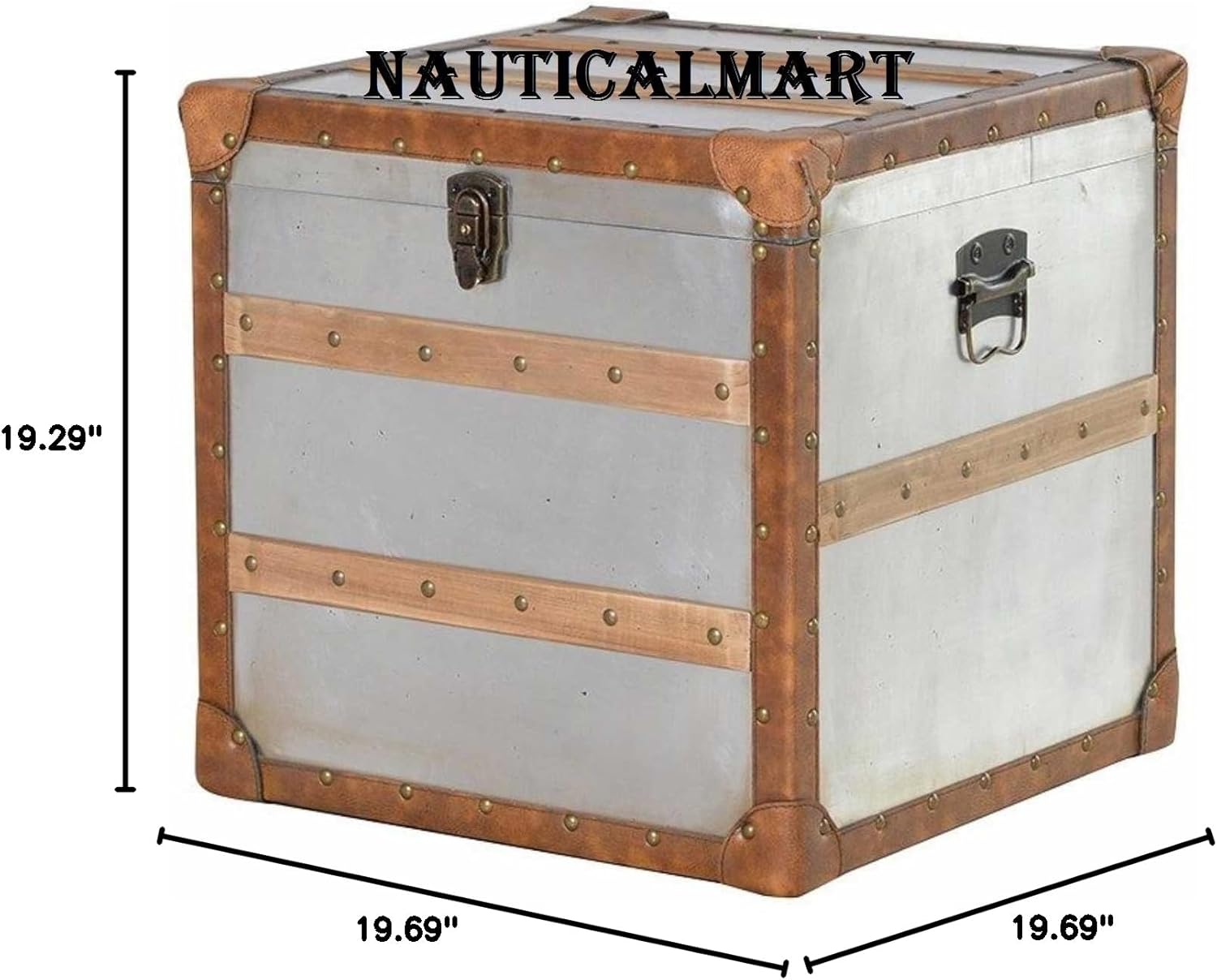 NauticalMart Modern Medium Square Metal Lockable Storage Trunk Chest Wooden Lats