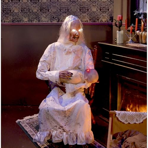 Haunted Hill Farm Life-Size 2.9-Ft Animatronic Gravely Granny by Tekky Halloween Decoration with Motion-Activated Sounds