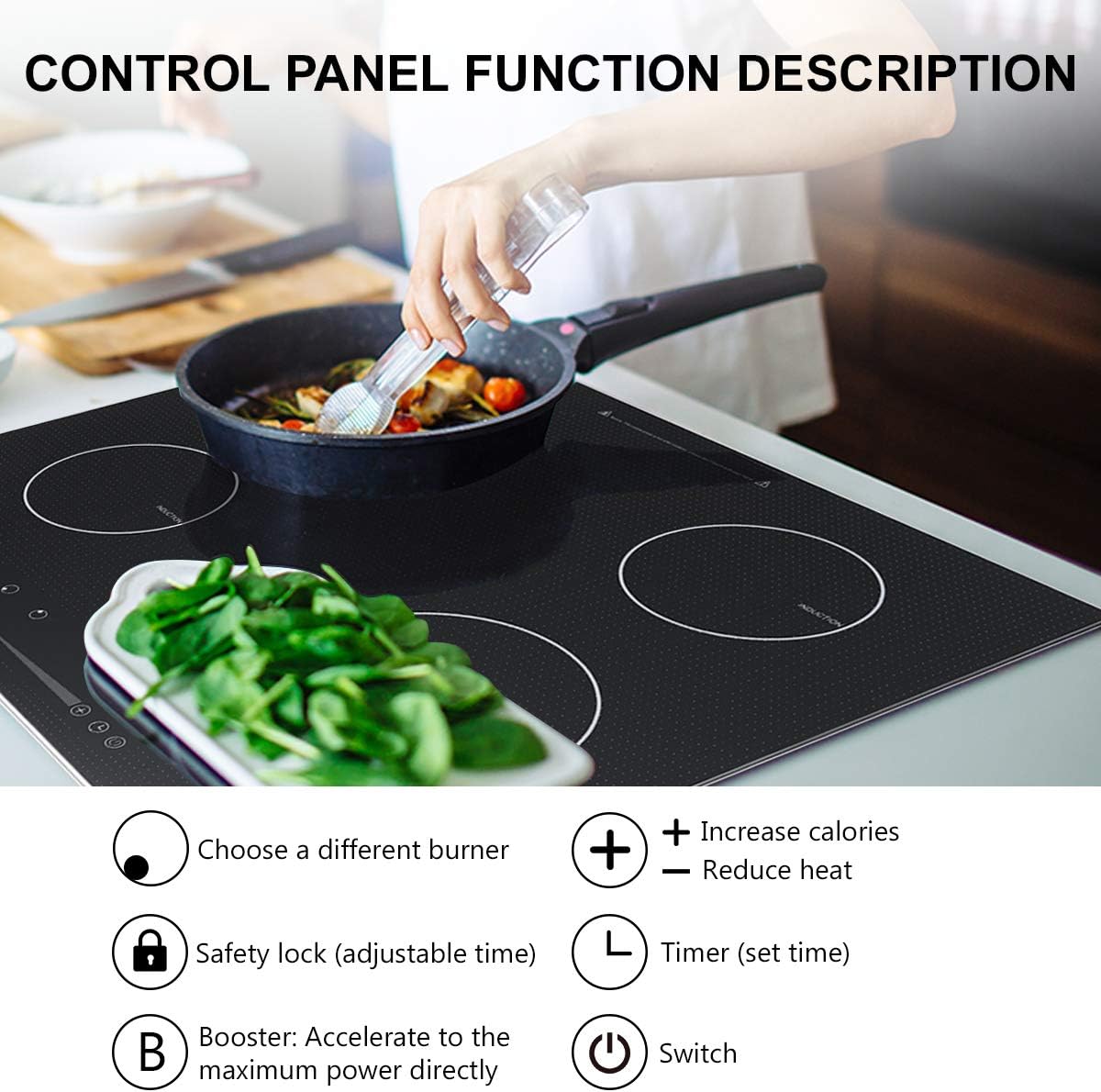 24 Inch Induction Cooktop, Stove Top Electric Cooktop, 4-Burner Electric Induction, Black Vitro Ceramic Smooth Surface Glass Gasland Chef, 220V Electric Induction Cooker, Timer & Safety Lock.