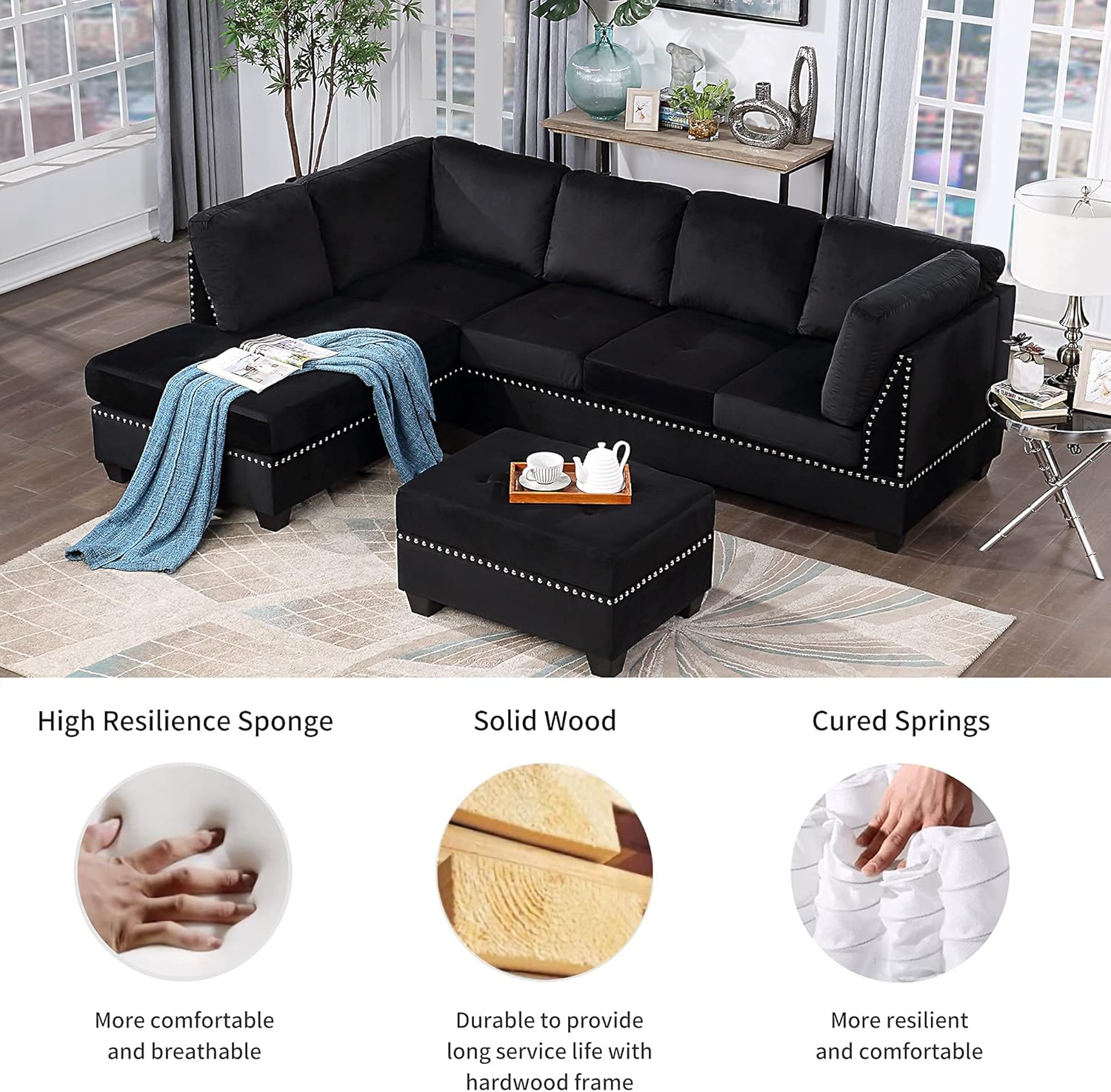 Yoglad Reversible Sectional Sofa with Storage and Chaise Lounge Couch, Wooden Frame L-Shaped Corner Sofa Set with Ottoman, Furniture Set for Living Room (Black)