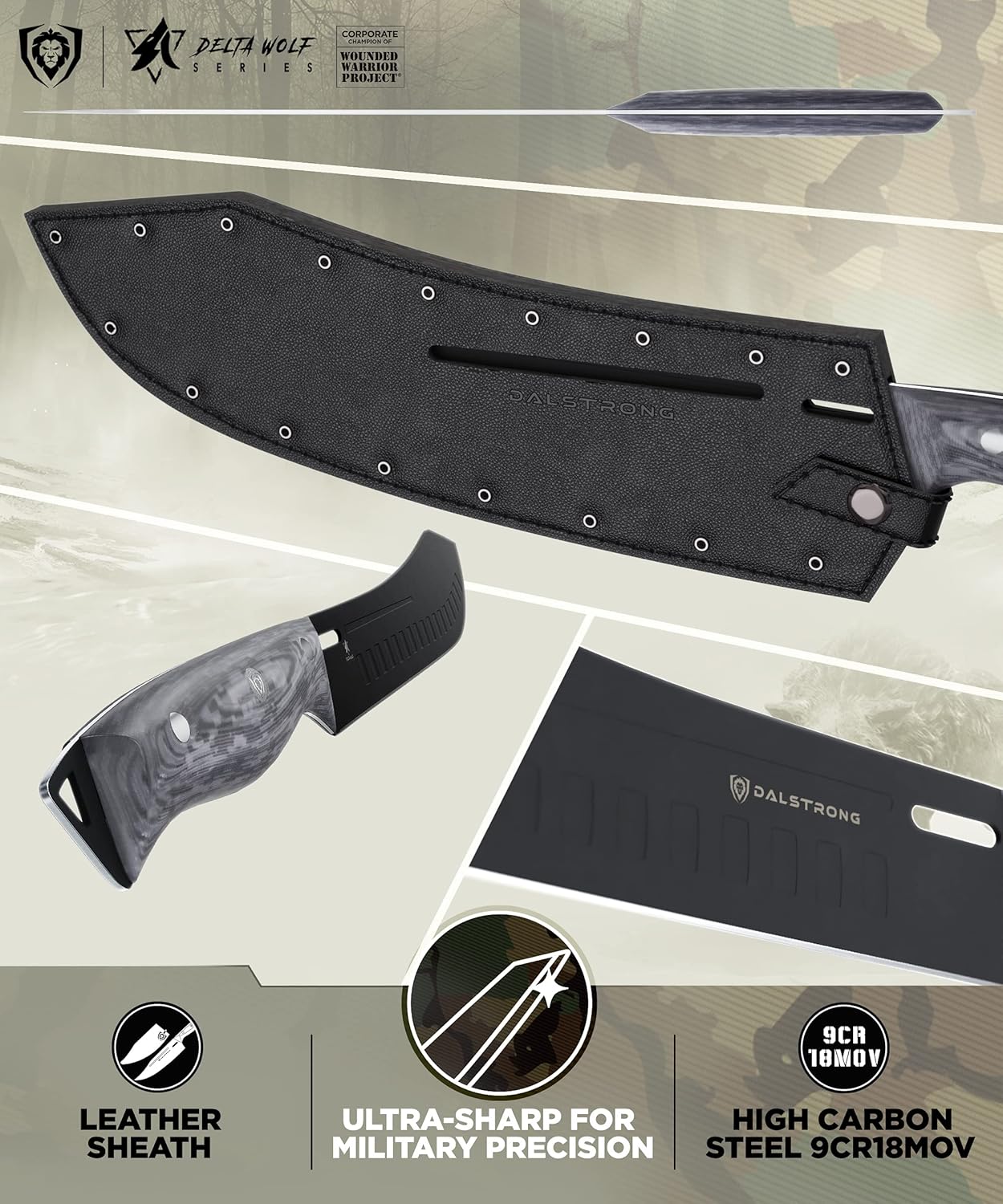 DALSTRONG Bull Nose Butcher Knife - 10 - Delta Wolf Series Knife - Ultra-Thin & Zero Friction Blade - HC 9CR18MOV Steel - Black Titanium Nitride Coating - G10 Camo Handle - Leather Sheath