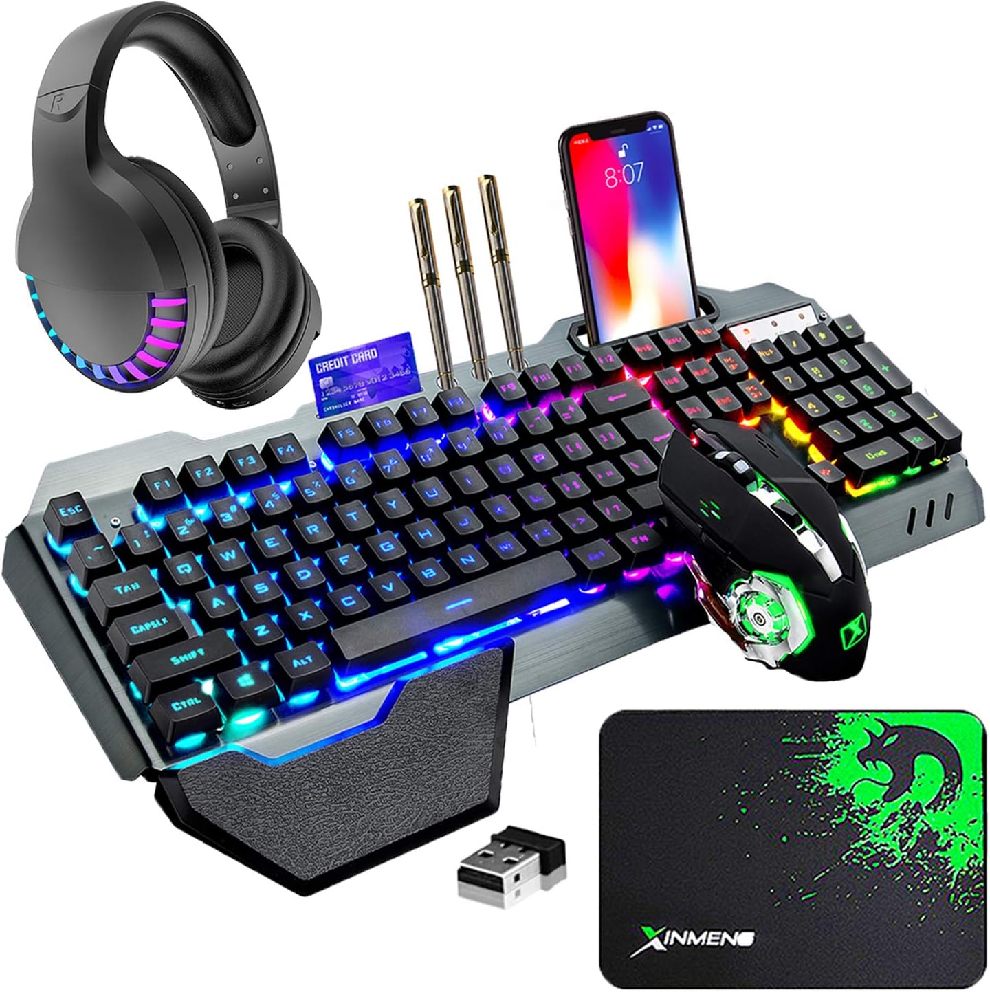 Wireless Gaming Keyboard Mouse and Wired Computer Speaker with Rainbow RGB Backlit Rechargeable Battery Metal Mechanical Ergonomic Waterproof Dustproof Removable Palm Rest for Laptop PC Gamer(Black)