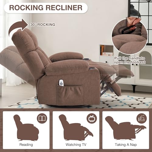 Massage Rocker Recliner Chair with Heat and Vibration Ergonomic Rocking Lounge Chair for Living Room Comfy Overstuffed Recliner with 4 Side Pockets,2 Cup Holders, USB Charge Port, Grey