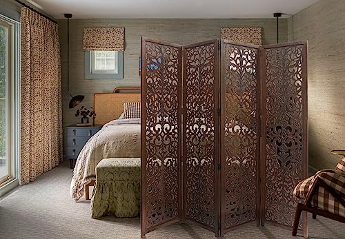 Room Divider Wood Screen - Ghanti Bells Antique Brown - 4 Panel Folding 72 x 80 - Assembled Hand Carved Decorative Functional Versatile Portable Partition Reversible Privacy Boho - COTTON CRAFT