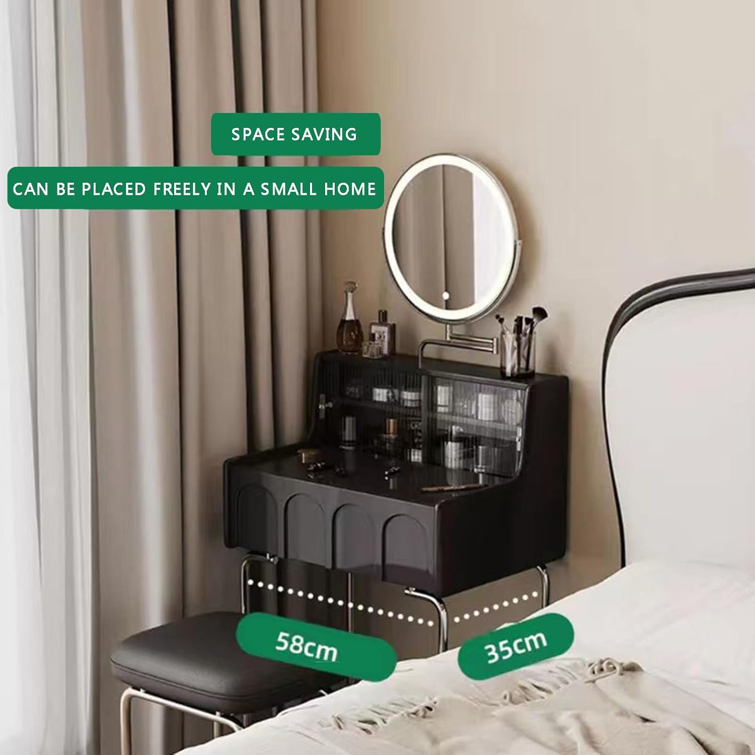 Small Vanity Desk Set with 3 Adjustable Lighted Mirror and Storage Shelf Black Tiny Vanity Table with Drawer for Bedroom Vanity Compact Dressing Table for Small Space