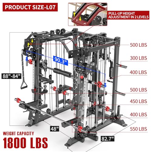 L05/07 Smith Machine，Multi-Function Squat Rack Power Cage with Cable Crossover System,with Weight Bench, Olympic Barbell Weight Set, for Home Gym