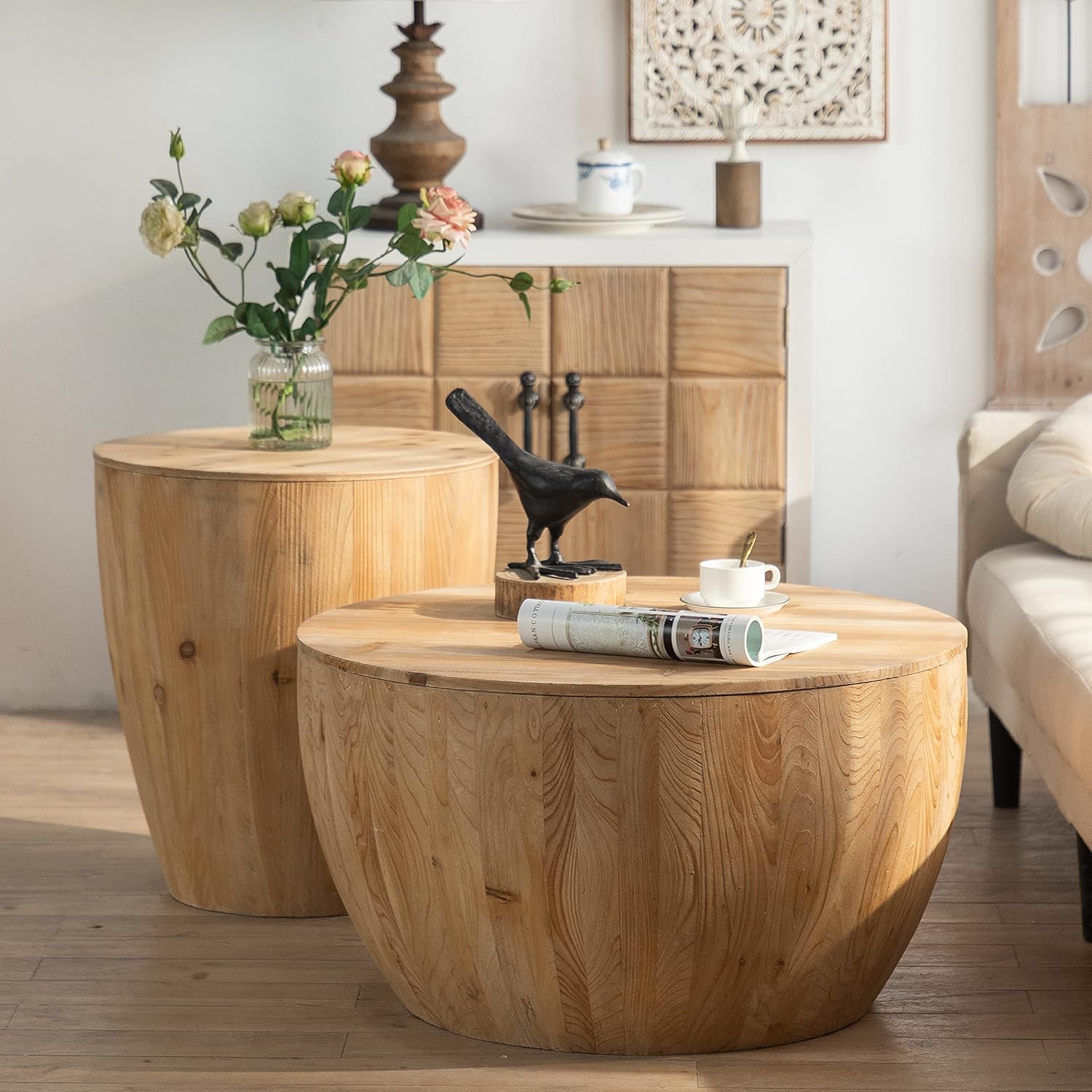 Round Wood Coffee Table End Table Side Table Set of 2 with Storage for Living Room, Modern Farmhouse Bucket Shaped Drum Coffee Table for Living Room Apartment, 2-Pcs