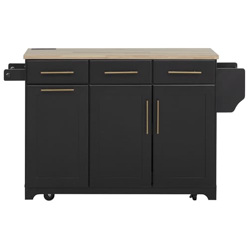 Merax 59.3" Kitchen Island with Storage, 2 Pull Out Cabinet Organizers & Rubber Wood Drop Leaf, Rolling Island Table with Trash Can Storage, Power Outlet, Spice & Towel Rack for Kitchen Dining, Black
